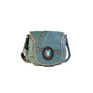 VINTAGE Teal Bison Leather Saddlebag Turquoise Stone Western Boho Bag